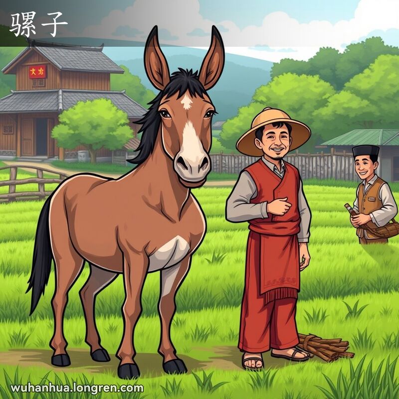 一头健壮的骡子站在武汉农村的田野前，农民正在喂养它，背景是绿色田野和木质农舍。