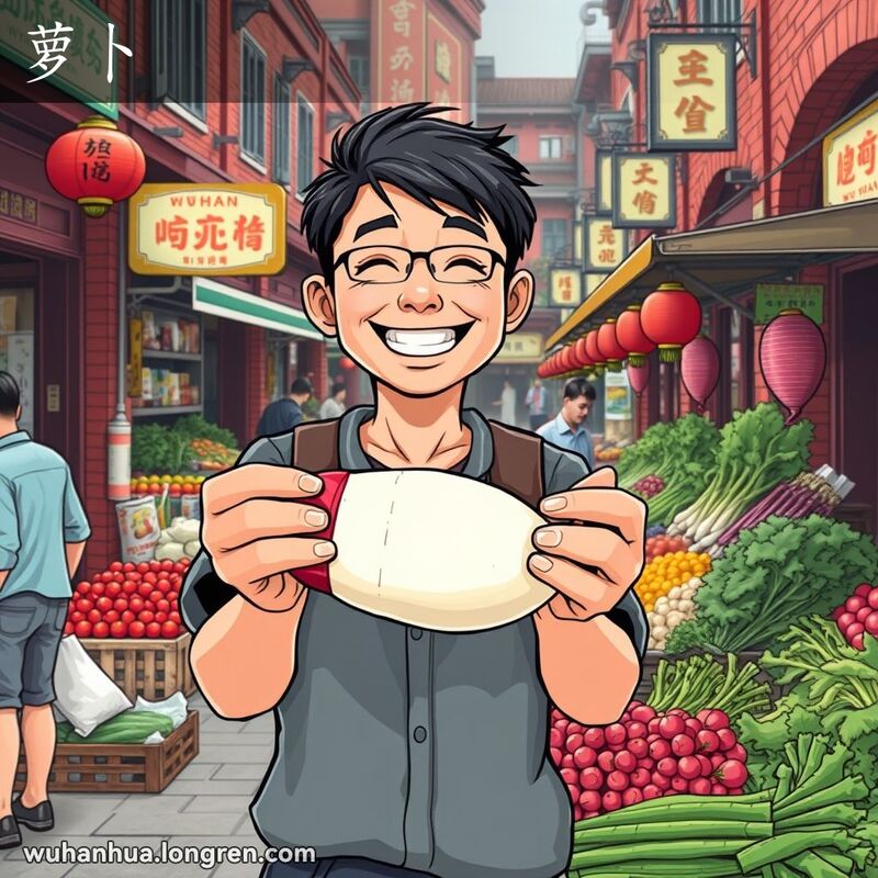 一位武汉市民在街市上手捧新鲜萝卜，背景是传统红砖墙和老式招牌，市场摊位上摆满蔬菜。