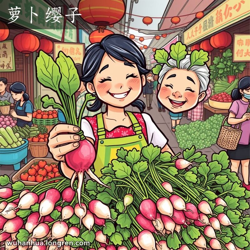 武汉传统市场上，一位妇女拿着带有绿色叶子的萝卜，背景是热闹的市场摊位和顾客。