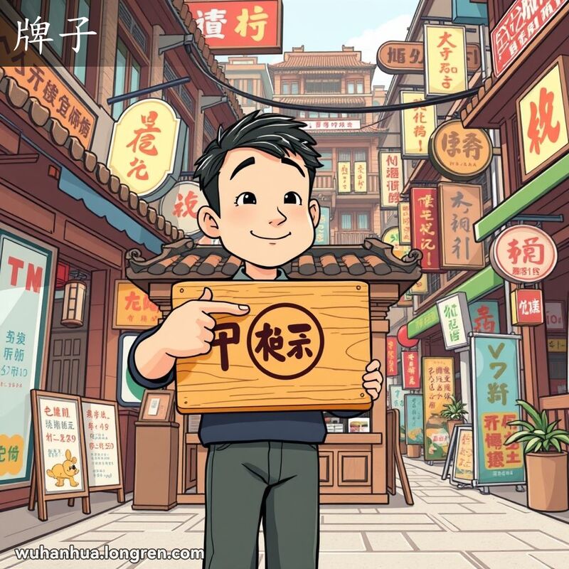 一位男子站在武汉街边小店前，手持木质招牌，背景是其他商店的招牌和横幅