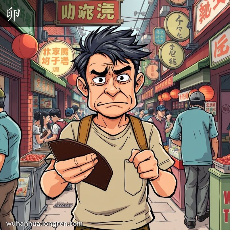 一位武汉男子在市场中手持空钱包，露出愤怒和失望的表情，背景是武汉老街景