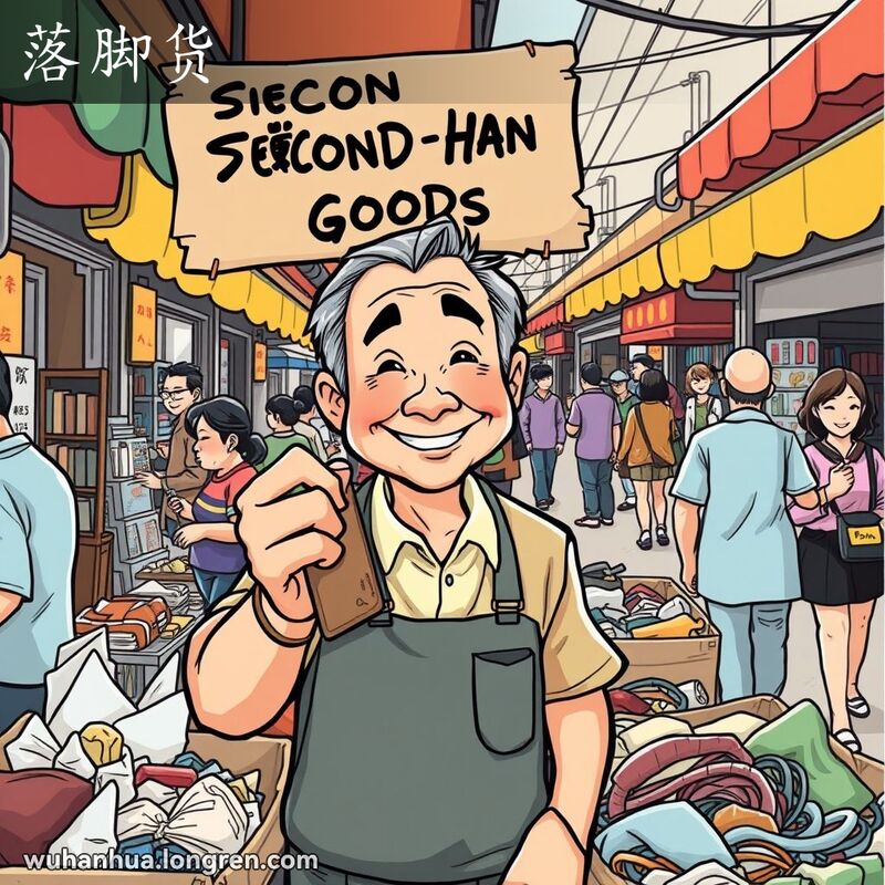 武汉市场上的二手商品摊位，摊主手拿旧物品，背景是热闹的市场场景