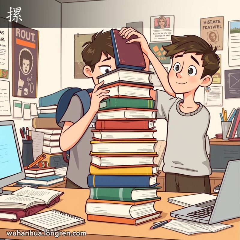 一位学生在书桌前整理书籍，书桌上有一摞高高堆起的书籍，展现“摞”的意思。