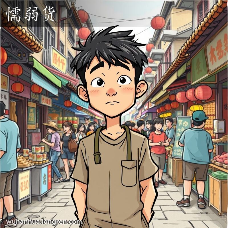 一位年轻人在武汉街市中显得犹豫不决、缺乏自信，背景是热闹的市场和老街景