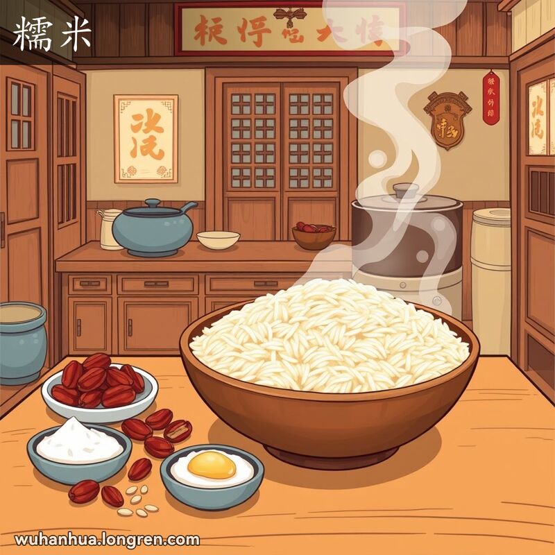 传统武汉厨房中，桌上放着一碗粘性十足的糯米，旁边有红枣、莲子和糖，背景中有蒸锅正在冒热气。