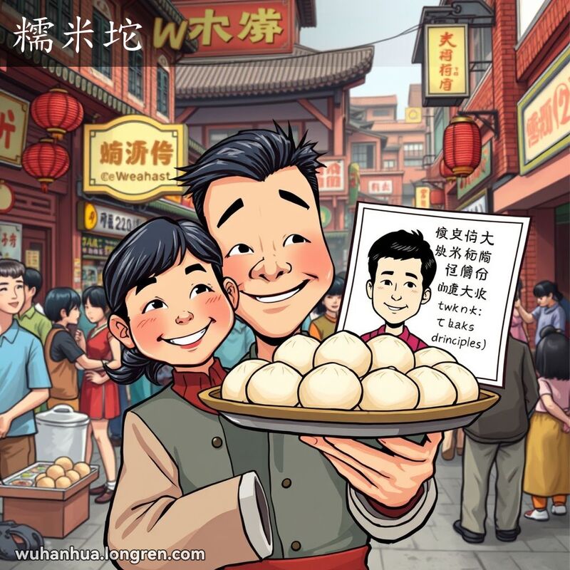 武汉街市小贩手持糯米团，背景招牌上有困惑表情的人，象征“糯米坨”。