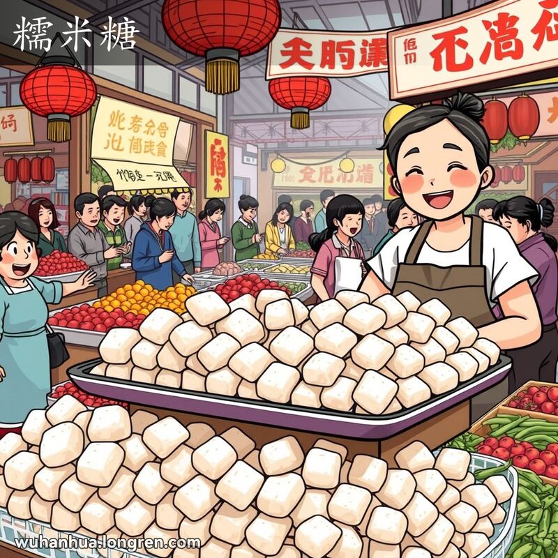武汉传统市场中，摊位上摆放着白色结晶状的糯米糖，摊主微笑着拿起几块糖果，背景是热闹的市场景象。