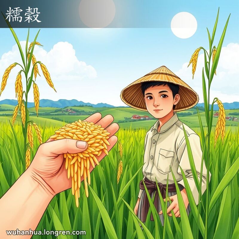 一位武汉农民在稻田中手捧糯米，背景是乡村风光和连绵的山丘