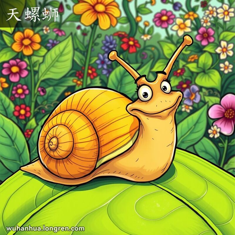 一只蜗牛在绿叶上爬行，背景是繁茂的花园