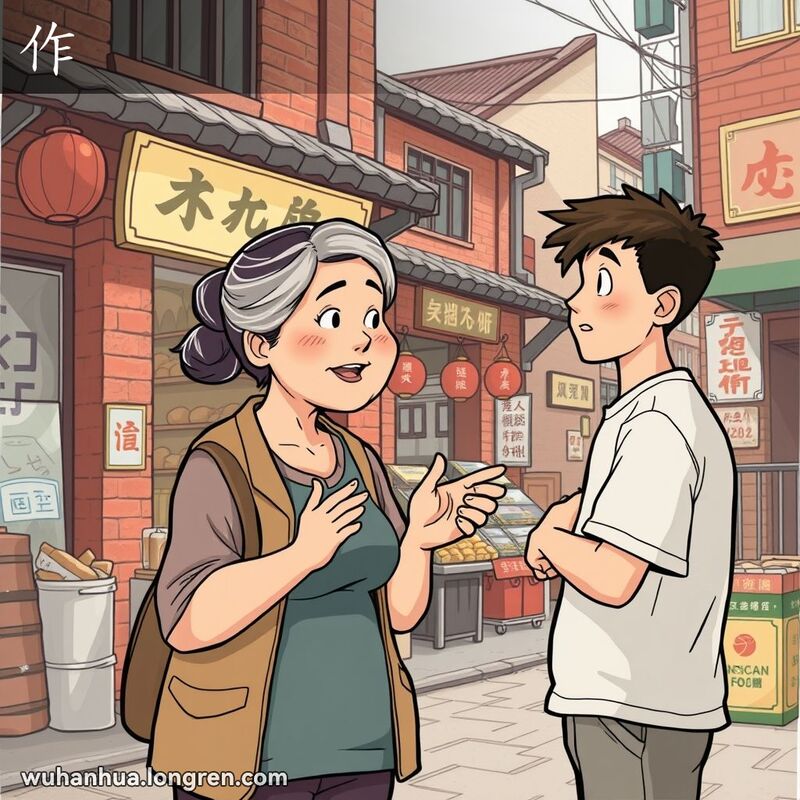 一位中年妇女在武汉老街的杂货店前，面对一位年轻人，露出善意但坚定的表情，正在用手势解释着什么。