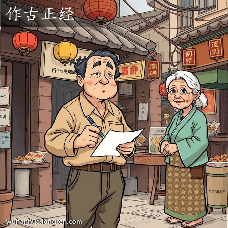 一位中年男子在武汉老街小店前专注写字，旁边店主和蔼地看着他，背景是传统红砖墙和热闹市场
