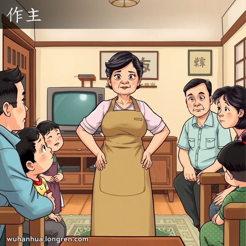 一位中年妇女在传统武汉家庭客厅中，双手叉腰，自信地站立，周围家庭成员怀着尊敬和信任的眼神看着她，背景是木质家具和老式电视机。