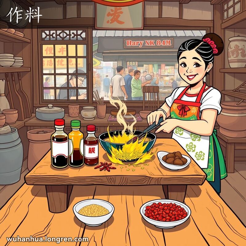 武汉厨房中，一位妇女正在热锅中添加调味料，桌上摆放着各种调味品，背景是老式厨房用具和街市景象