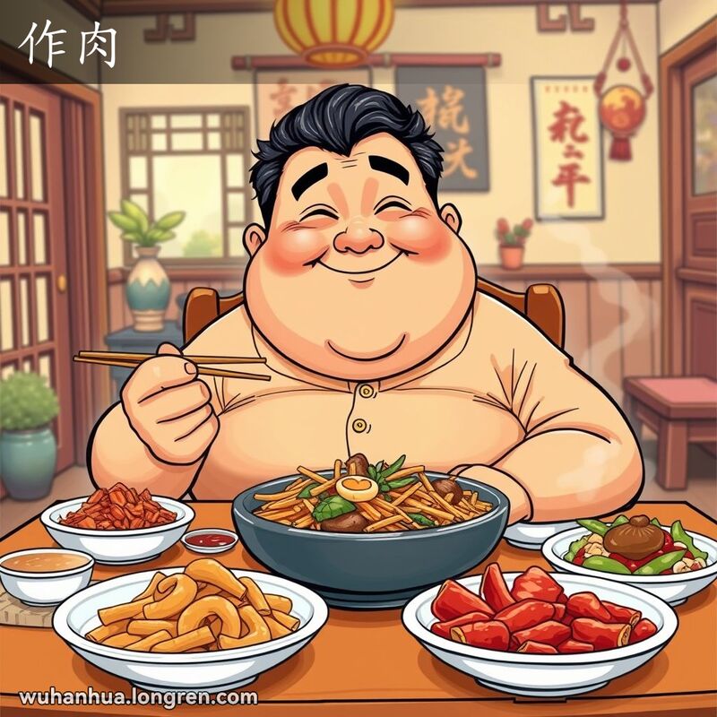 一位武汉男子坐在餐桌前，手持筷子，脸上带着满足的笑容，脸颊微微鼓起，表明他吃得很好，体重有所增加。背景是一个温馨的传统武汉家庭。