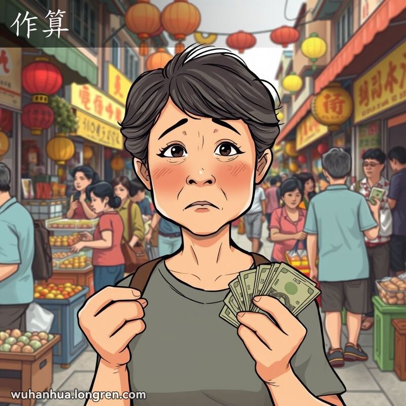 一位中年妇女在武汉街市中手持一小叠钱，脸上带着失望的表情，背景是繁忙的街市