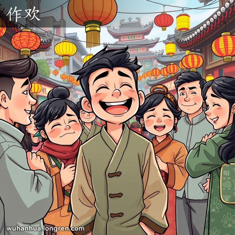 一群穿着传统服装的人在武汉街市中，主角调皮捉弄朋友，背景是繁忙的市场和老式建筑