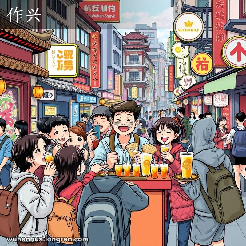 年轻人在武汉街头小贩摊前享受最新小吃，背景有街头艺术和霓虹灯，整体氛围充满活力。