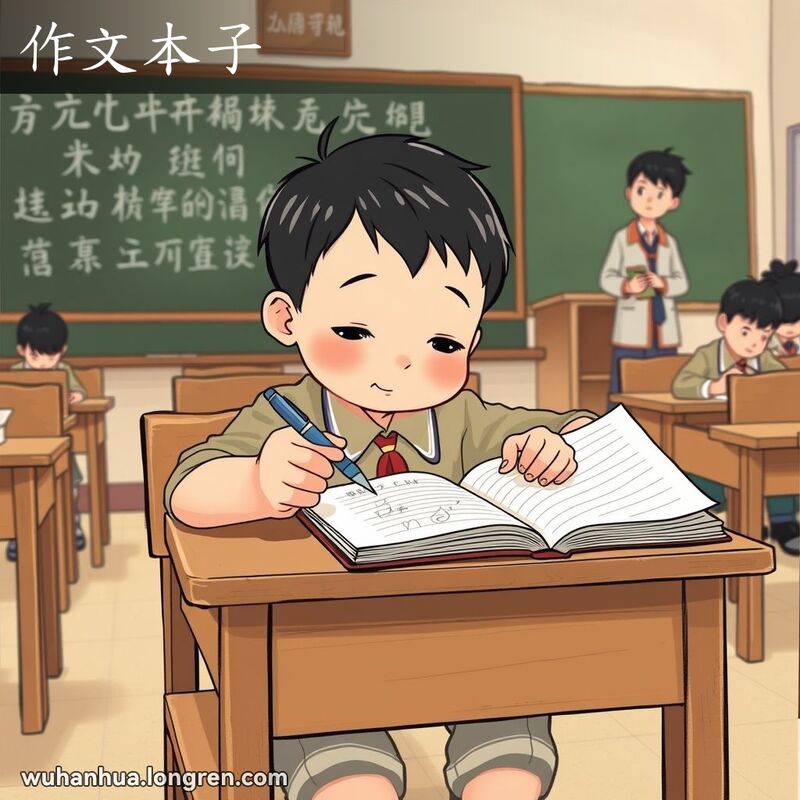 一位武汉学生在教室里专心写作文本子，背景有黑板和其他同学。