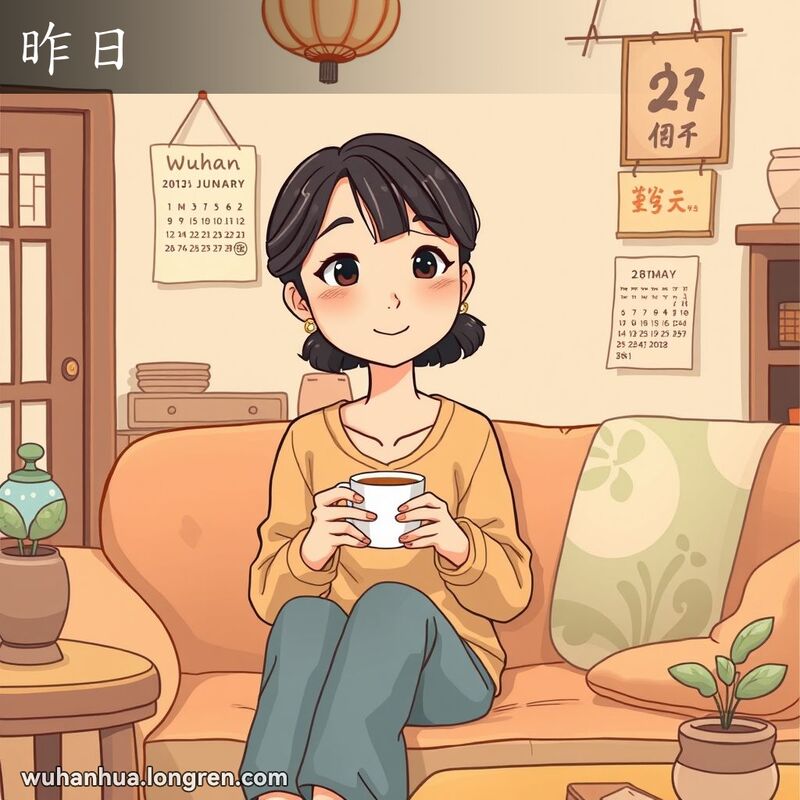 一位年轻女子坐在武汉的客厅里，手捧茶杯，神情略显怀旧，墙上日历圈出昨天的日期