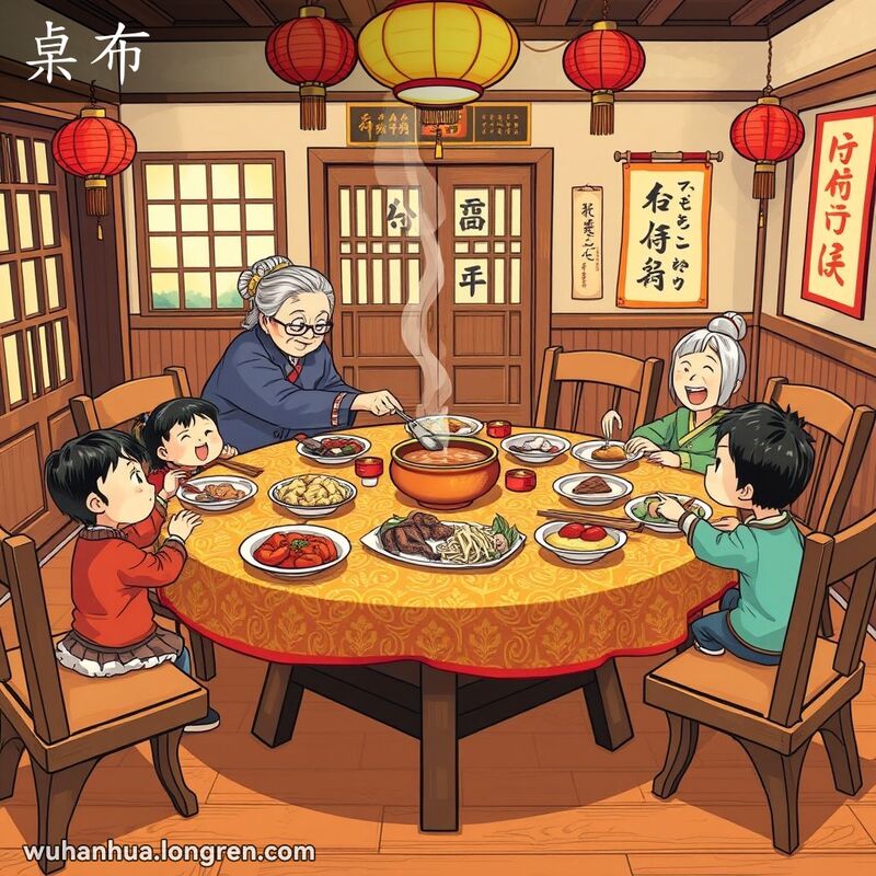 一个温馨的武汉传统餐厅场景，桌面上铺着鲜艳的桌布，一家人围坐享受美食，背景有传统装饰。