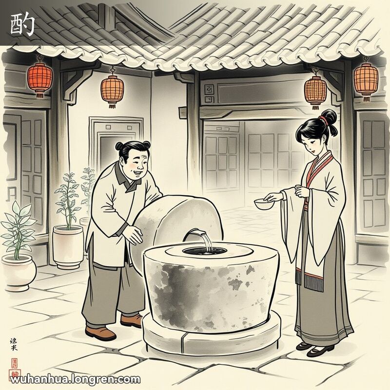 一位男子推磨，一位女子往磨眼里倒水，背景是传统的武汉院落