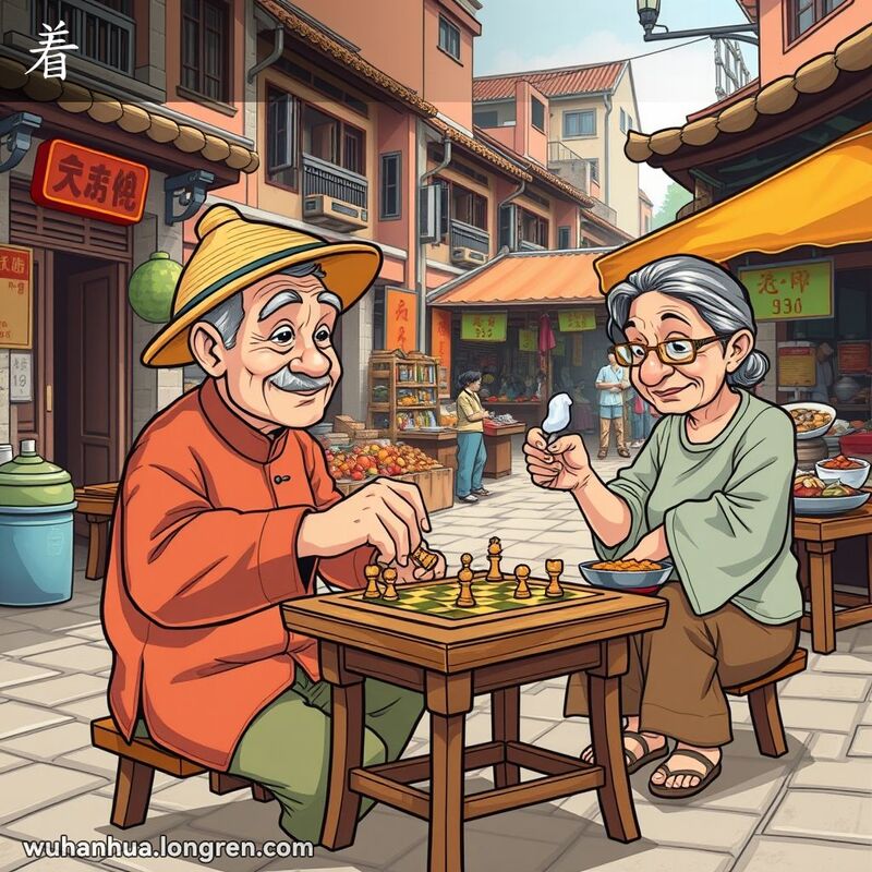 两位老人在武汉老街棋摊前下棋，一位老人正准备落子，背景是热闹的市场和一位妇女正在往菜中加盐