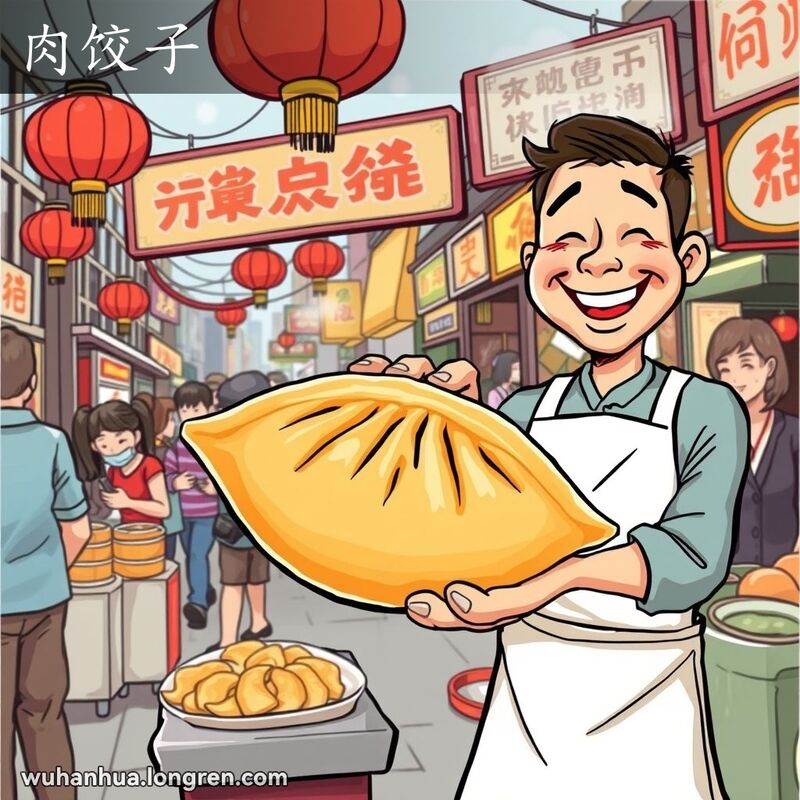 武汉街头市场，摊主手持油炸大饺子“肉饺子”，背景有顾客享用，画面热闹。