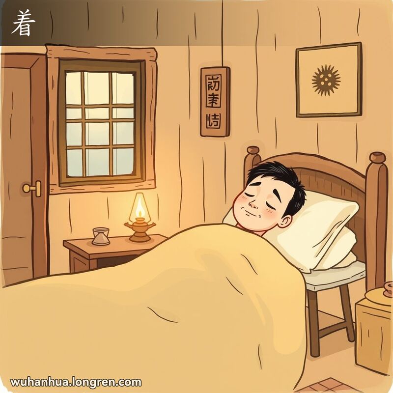 一个男子躺在床上，床头柜上有一盏点亮的油灯，房间温馨宁静，男子已经入睡。