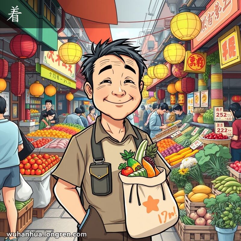 一位中年男子在武汉街市上手持新鲜蔬果，露出满意的笑容，背景是繁忙的市场摊位