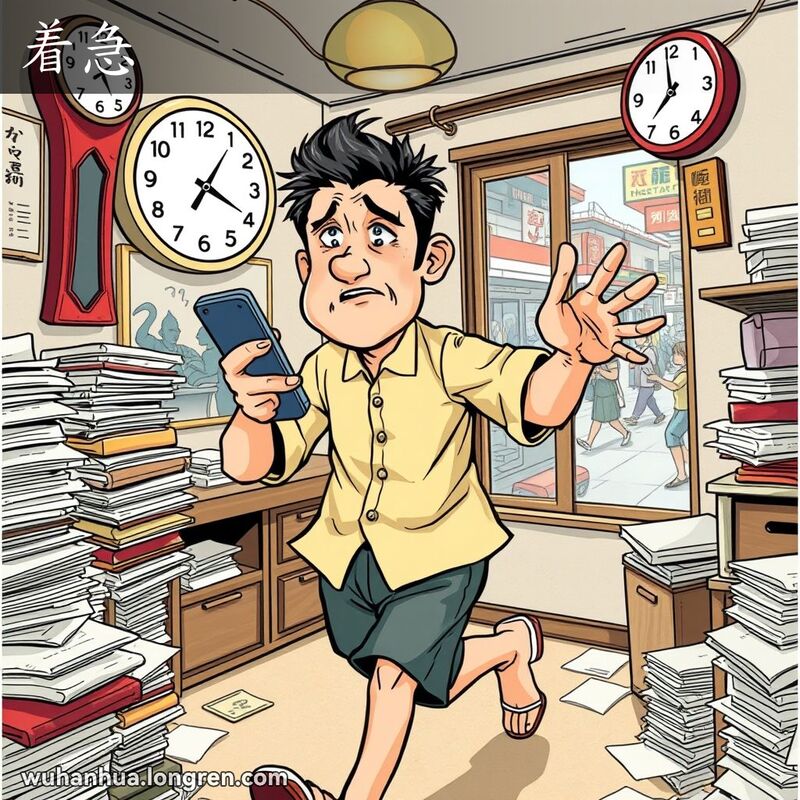 一位武汉男子在杂乱的房间里来回踱步，满头大汗，表情焦虑，手里拿着电话，另一只手不停地比划，窗外是忙碌的武汉街景。