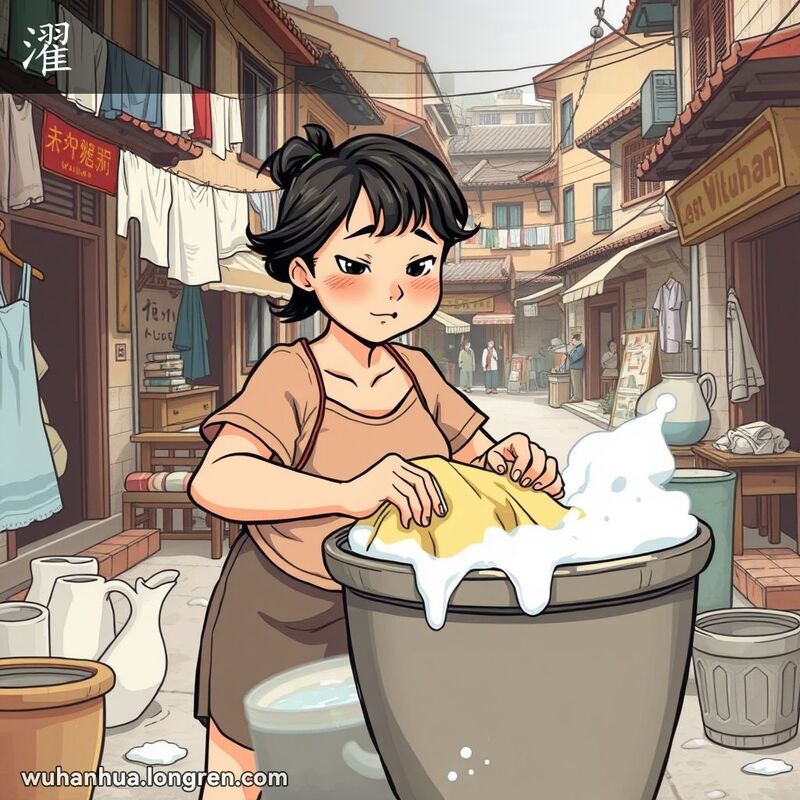 一位武汉妇女在街边用力搓洗衣物，背景是晾晒的衣物和日常家庭用品