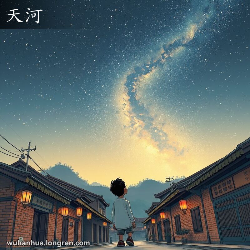 晴朗的夜空中，银河横跨天际，前景是武汉的传统街道和一位仰望星空的居民。