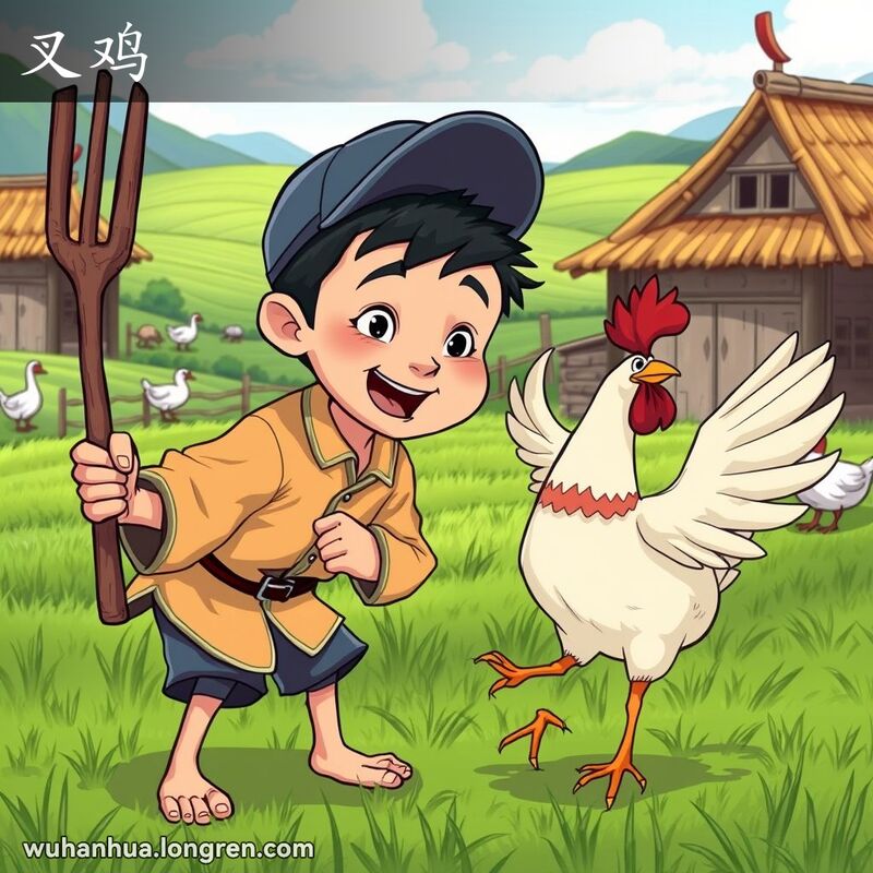 一个调皮的小男孩在农村场景中试图用树枝叉子捉鸡，背景有绿色田野和茅草屋。