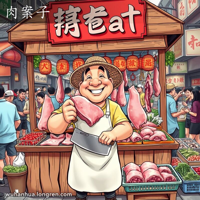 武汉街头市场中的传统猪肉摊，摊主手持砍刀和猪肉，背景是各种肉类和忙碌的顾客