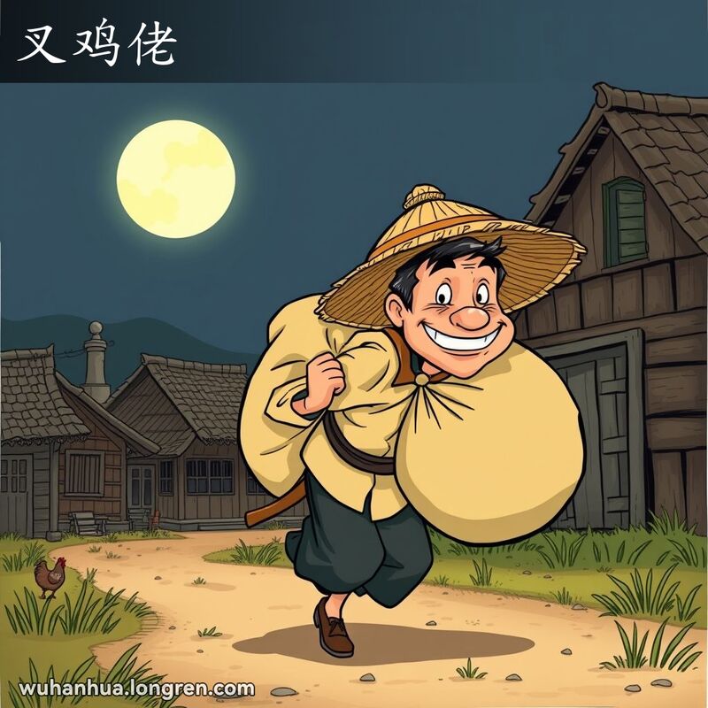 一个穿着传统中国服装的男子在夜晚的乡村中偷偷行走，背景是旧式木屋和满月，暗示他是一个偷鸡贼。