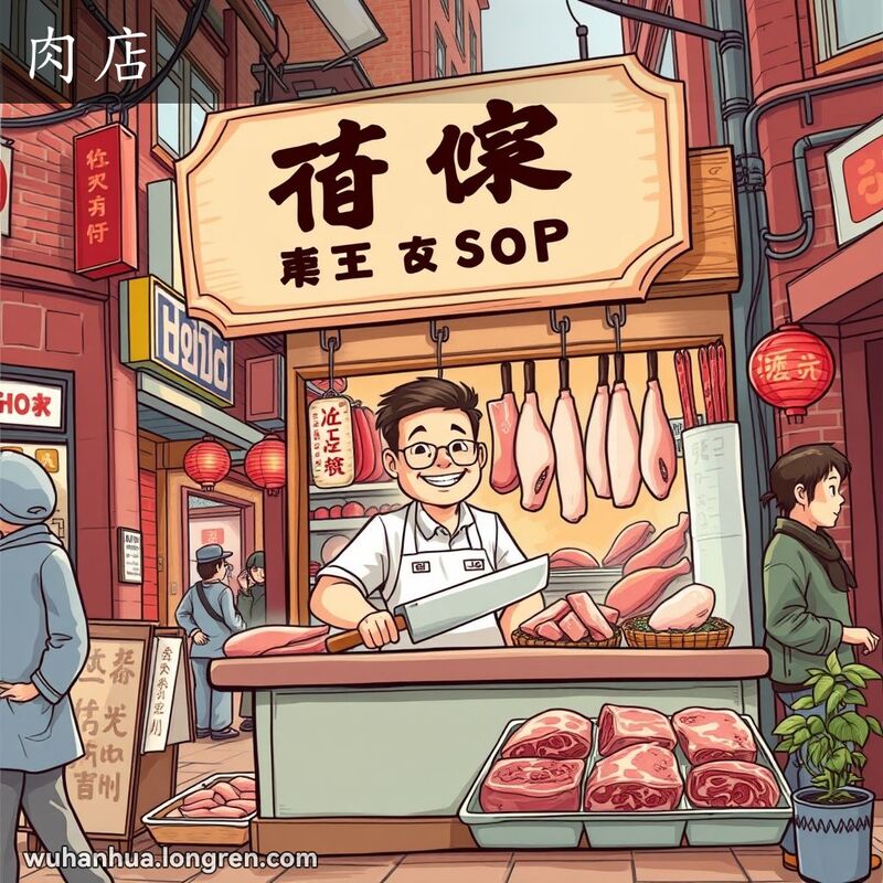 武汉老街上一家热闹的肉店，屠夫站在柜台后，柜台上摆满新鲜肉类，背景有其他小摊贩和行人