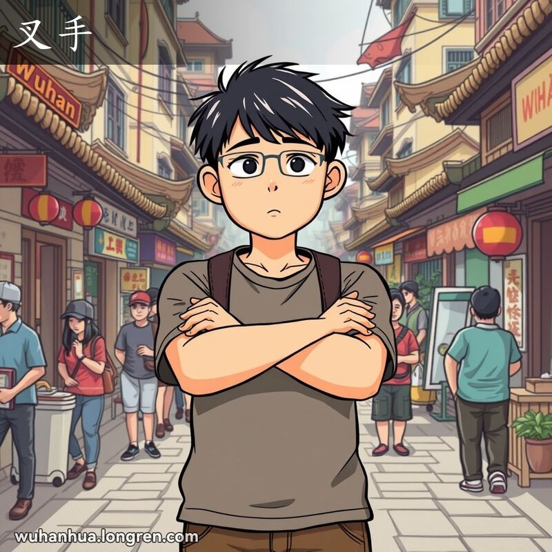 一位武汉市民双手交叉夹在腋下，站在繁忙的街头，背景是传统建筑和小商店