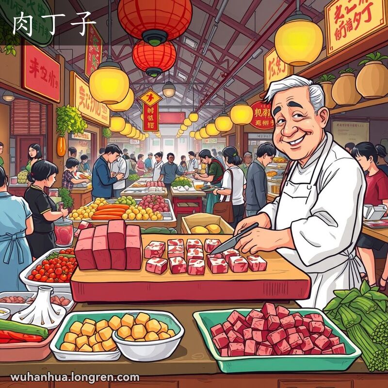 一个热闹的武汉传统市场，肉贩正在砧板上将肉切成小块，背景是其他摊位和人们在交谈和讨价还价。