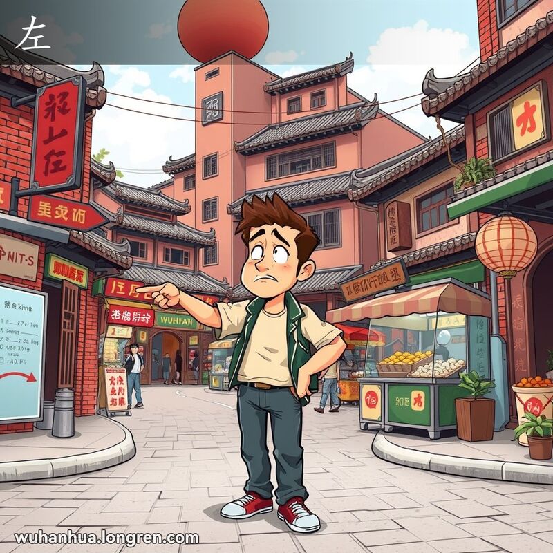 一位男子站在武汉老街的十字路口，指向左边，脸上带着困惑的表情，背景是繁忙的武汉老街景