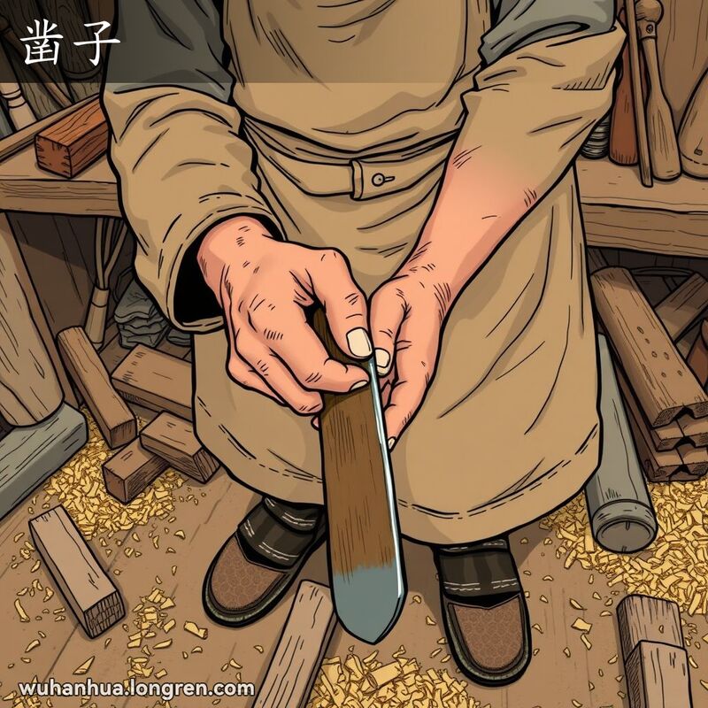 一个男人在武汉工坊中拿着凿子工作，背景是木工工作台和散落的工具