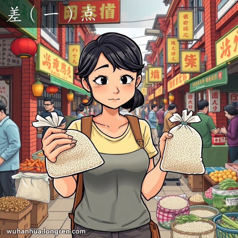 一位武汉女子在市场上拿着两袋米比较，脸上露出“差（一）点”的表情，背景是热闹的武汉老街景