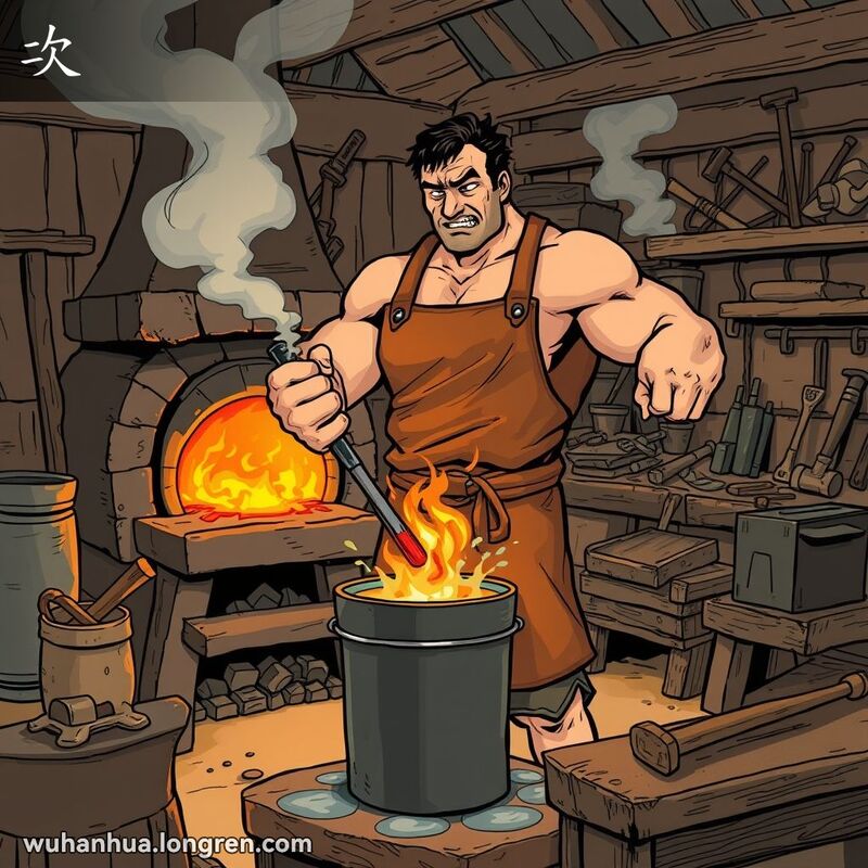 一位武汉铁匠在作坊中将烧红的铁棒浸入水中，产生蒸汽，体现“次”的淬火过程。