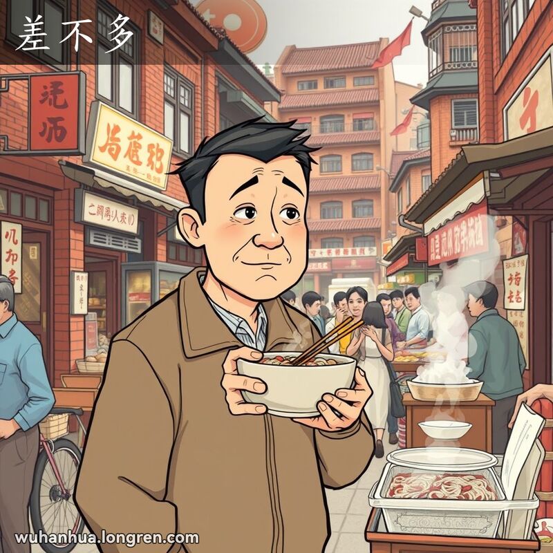 一位中年男子站在武汉街头小吃摊前，手持一碗面条，脸上带着“差不多”的表情，背景是武汉老街景。