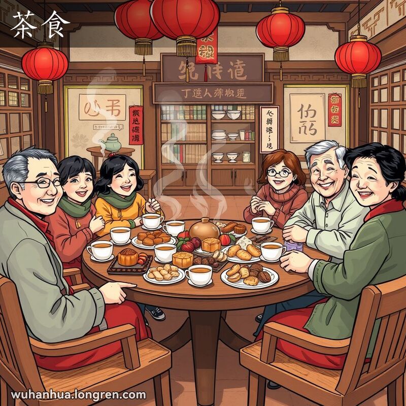 一家传统武汉茶馆内，居民围坐在圆桌旁，享用各种糕点和果脯，背景有红色灯笼和木质家具。