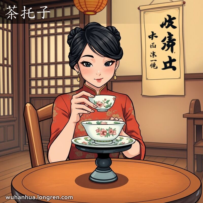 一位身穿旗袍的女子在传统茶馆内手捧茶杯，茶杯下方是精美的茶托子，背景有竹屏风和书法挂轴。