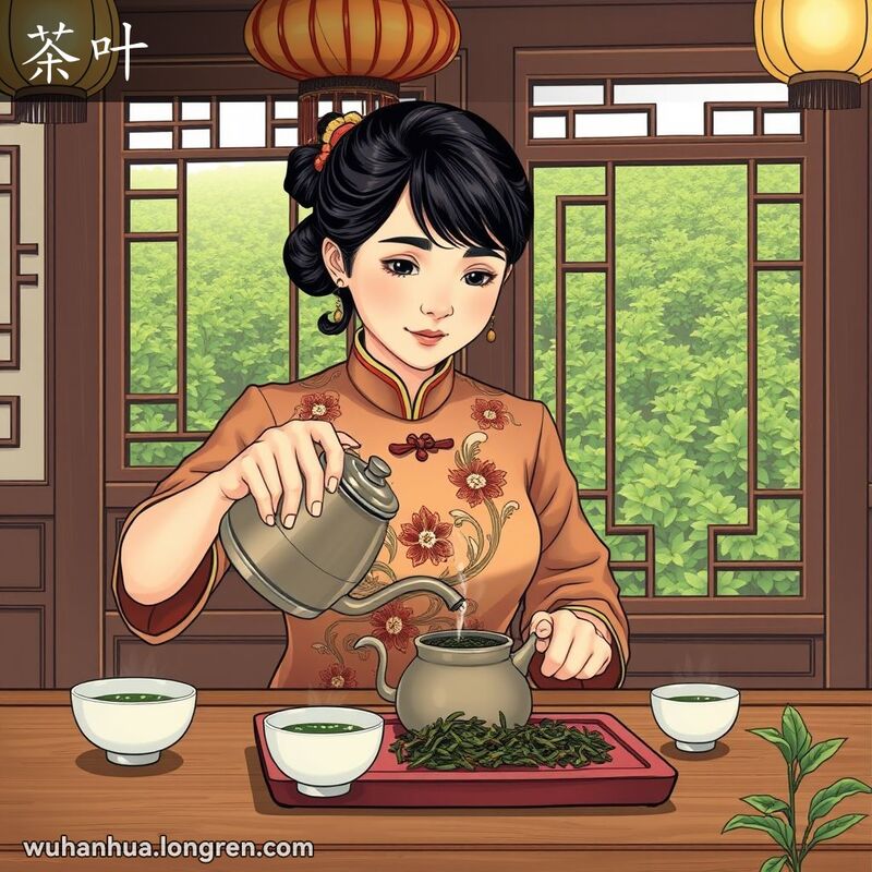 一位穿旗袍的中年妇女在传统茶馆中倒茶，周围有茶杯和新鲜茶叶，背景是茂盛的茶园。