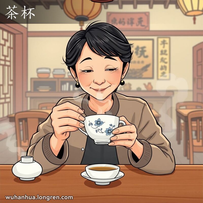 一位中年武汉妇女在茶馆中捧着白瓷茶杯，脸上带着满足的微笑，背景是温馨的茶馆环境