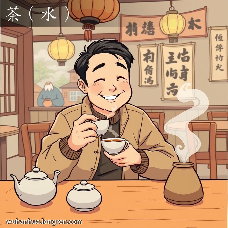 一位武汉市民在茶馆中手捧热茶，露出享受的微笑，背景是中式茶馆装饰