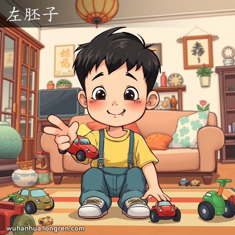 一位武汉小男孩在客厅里用左手玩玩具车，背景是温馨的家庭环境
