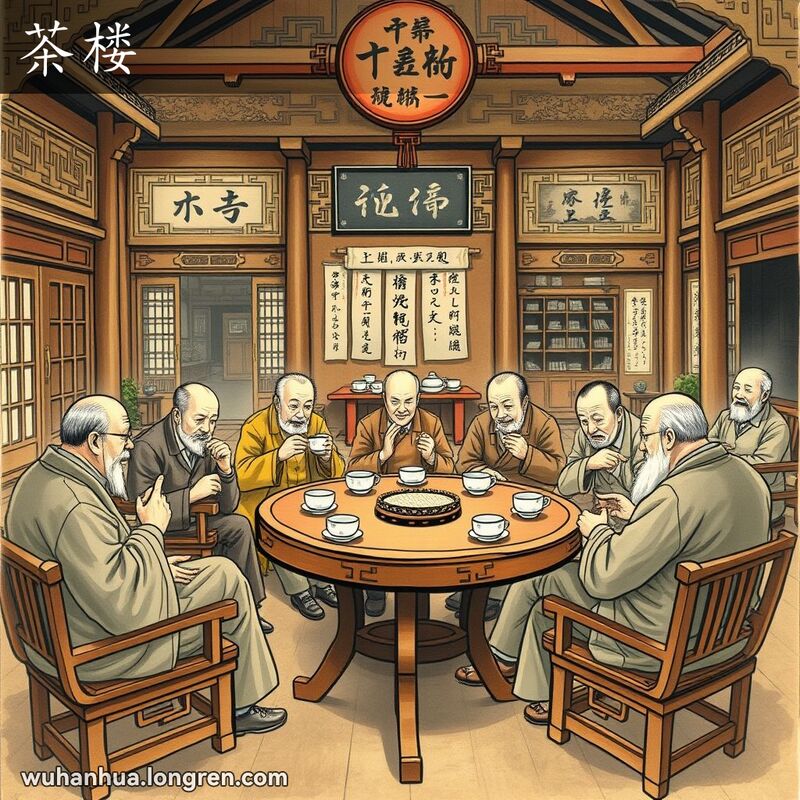 一间传统中式茶楼，老人们围坐在圆桌旁喝茶、下棋、聊天，背景有书法挂轴和古色古香的家具。